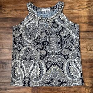 Y2K McBling Paisley Blue High Neck Beaded Tank‎ Top Medium Summer Bedazzled